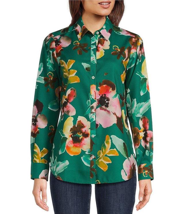 Foxcroft Zoey Watercolor Floral Point Collar Long Sleeve Shirt Product Image