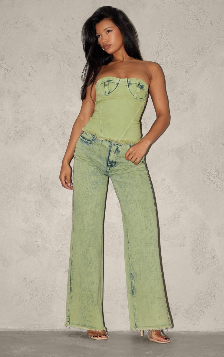 Green Tint Acid Wash Raw Hem Wide Leg Jeans Product Image