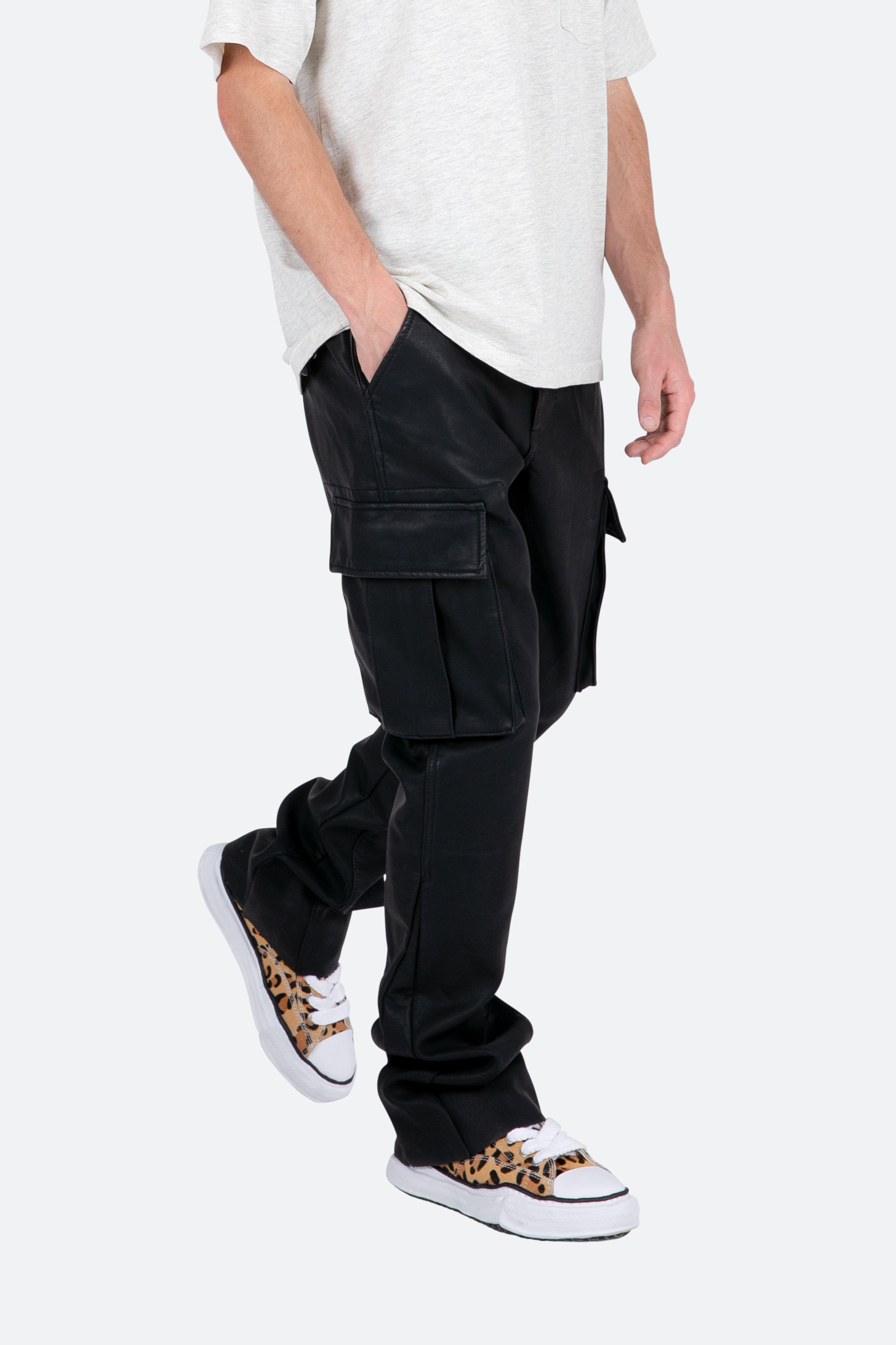 B449 Leather Cargo Flare Pants - Black Product Image