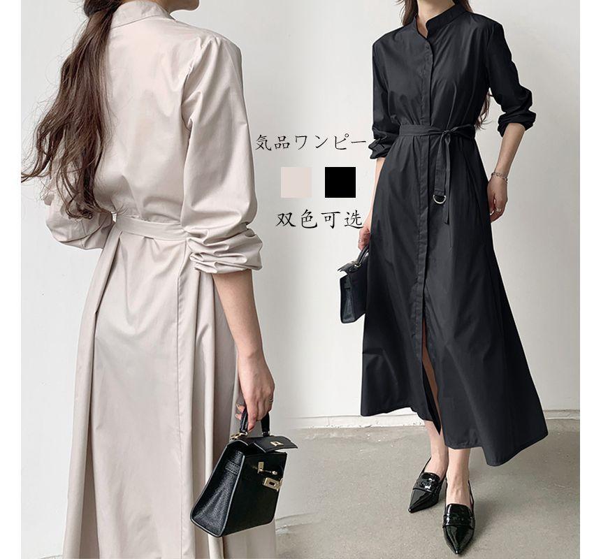 Long-Sleeve Plain Satin Midi Shirt Dress Product Image