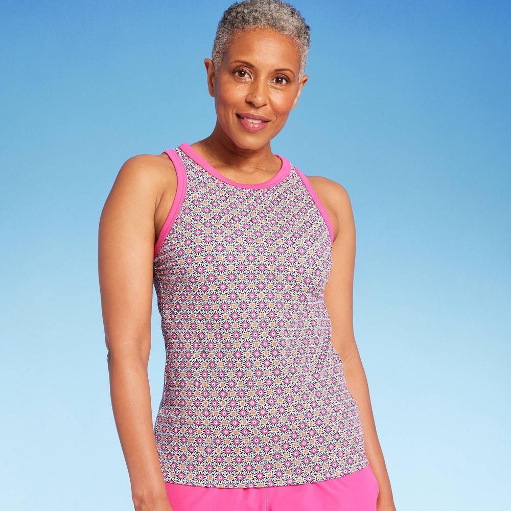 Lands End Womens UPF 50 Geo Print High Neck Tankini Top - Pink/Orange M Product Image