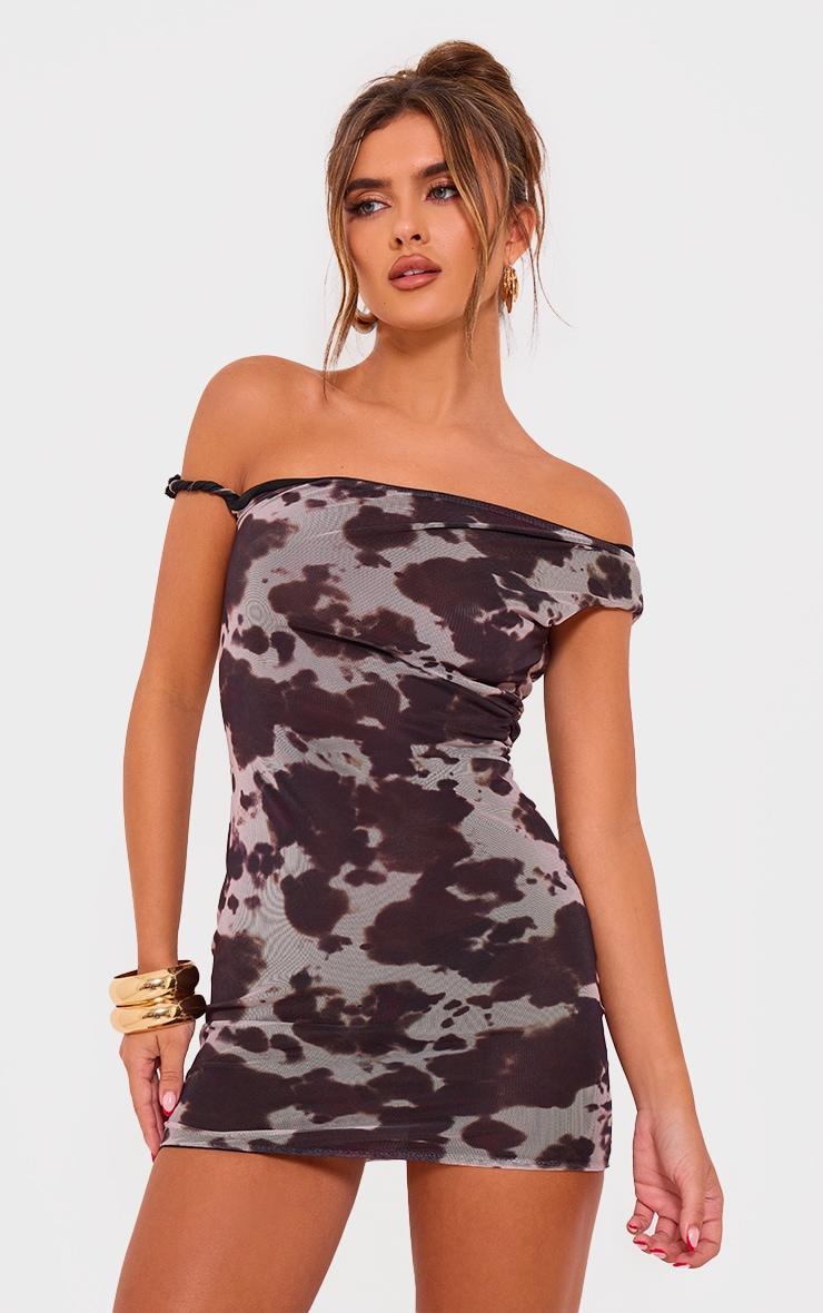 Brown Double Layer Slinky Cow Print Twist Bodycon Dress Product Image