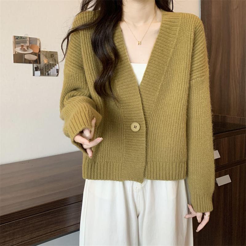 V-Neck Plain Ribbed Single-Button Cardigan Product Image