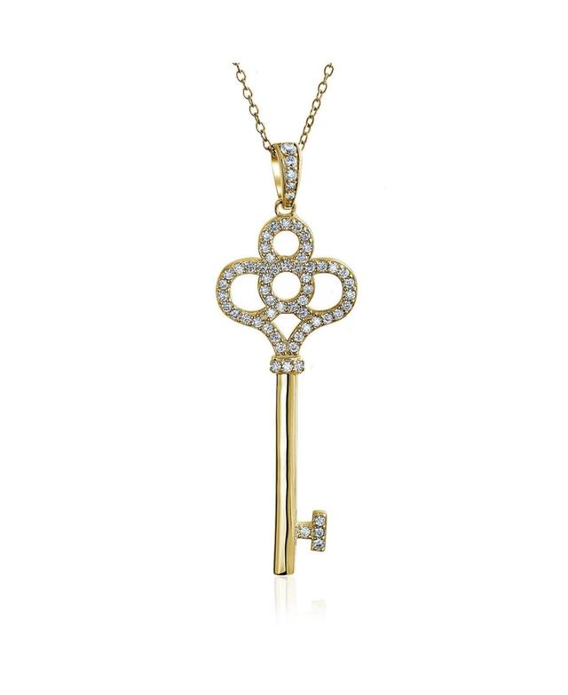 Key To My Heart Pave Cz Crown Key Pendant Necklace For Women For Girlfriend 14K Gold Plated .925 Sterling Silver Product Image