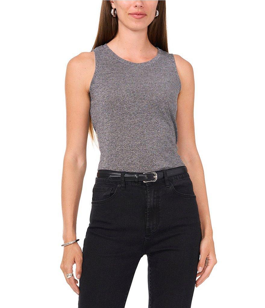 Vince Camuto Metallic Knit Ribbed Crew Neck Sleeveless Back Button Keyhole Split Hem Blouse Product Image