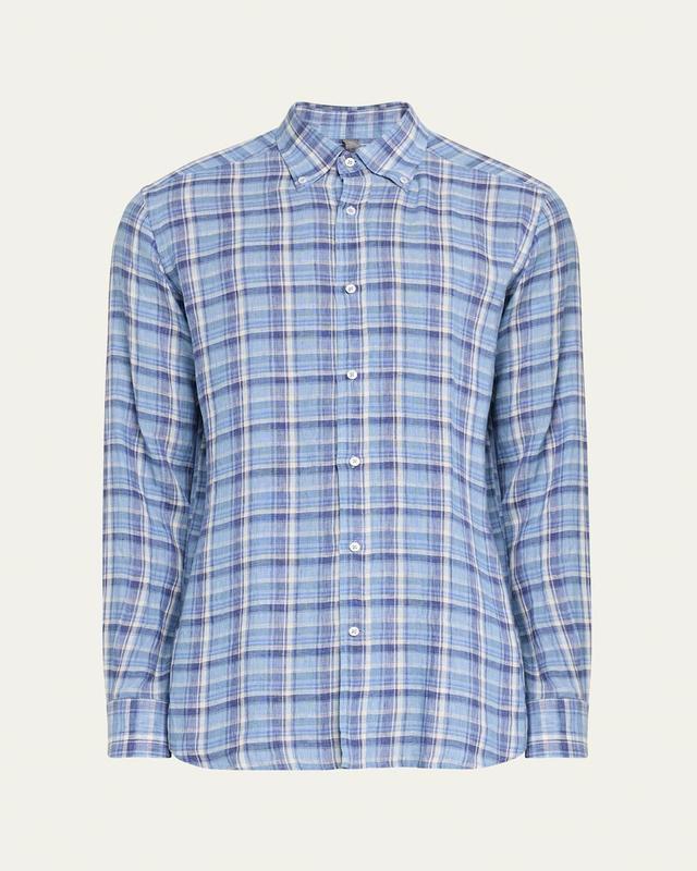 Mens Linen Plaid Casual Button-Down Shirt Product Image