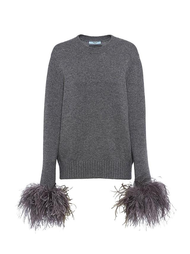 Womens Feather-Trimmed Cashmere Crew-Neck Sweater Product Image