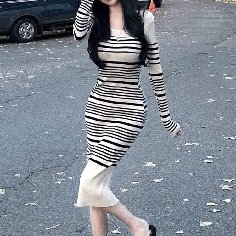 Long-Sleeve Striped Knit Midi Sheath Dress Product Image