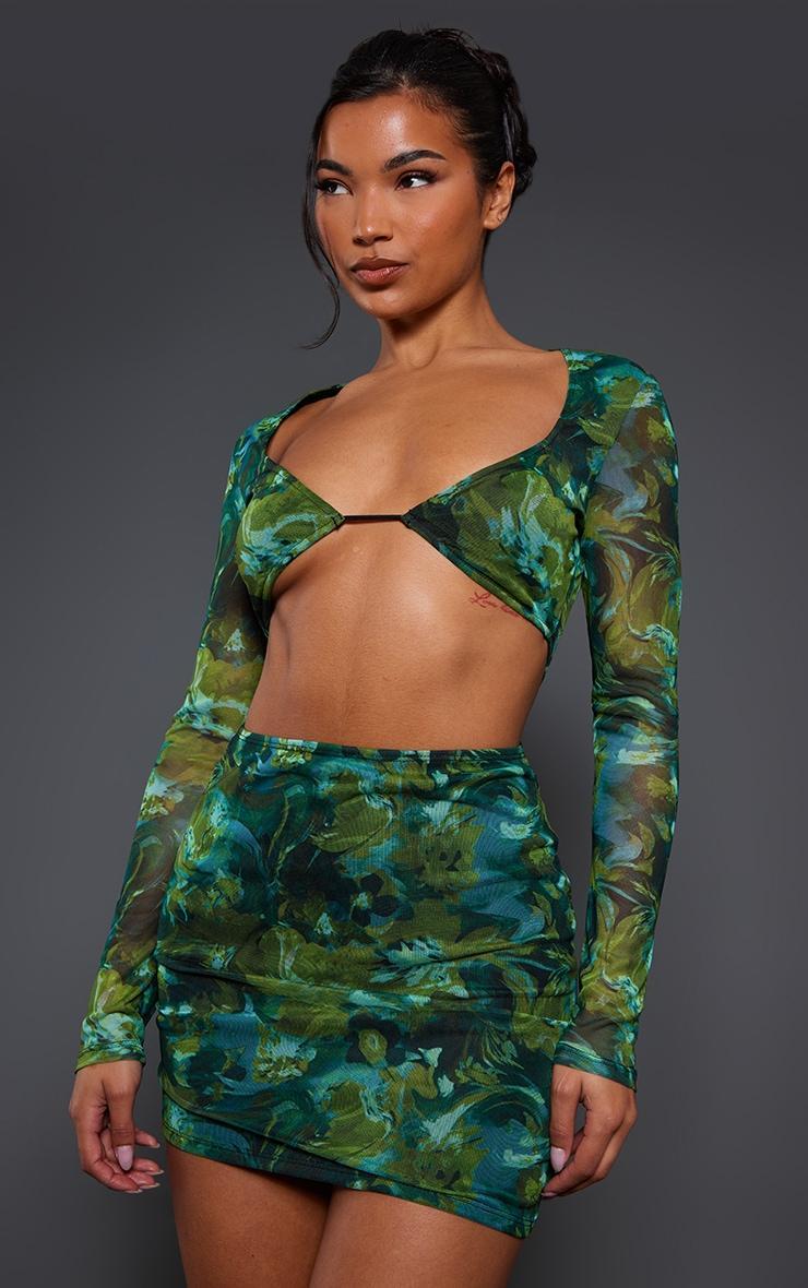 Green Abstract Print Mesh Cut Out Long Sleeve Bodycon Dress Product Image