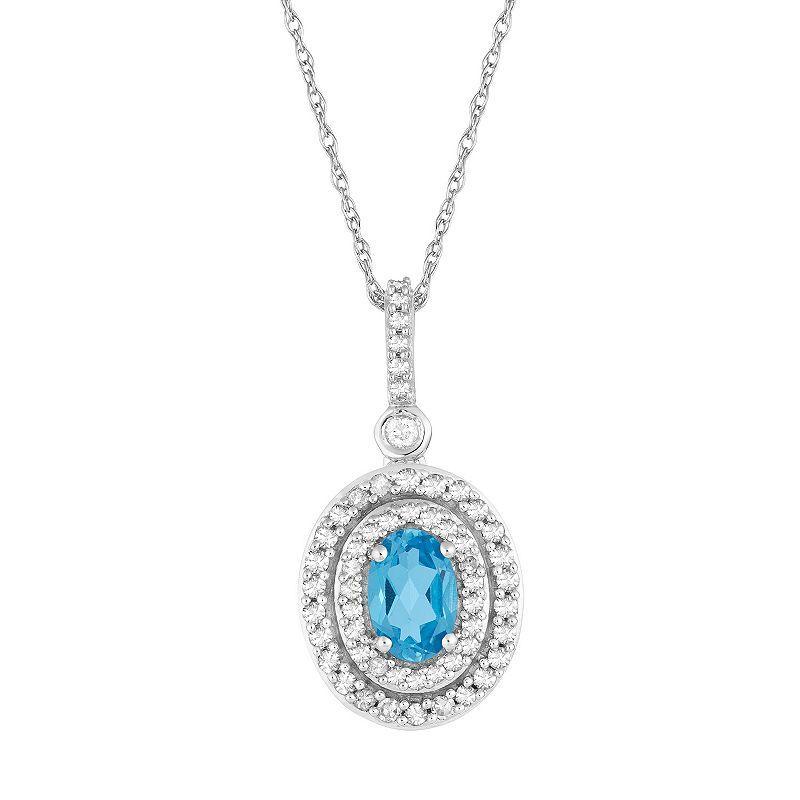 10k White Gold Swiss Blue Topaz & 1/4 Carat T.W. Diamond Double Halo Pendant Necklace, Womens Product Image