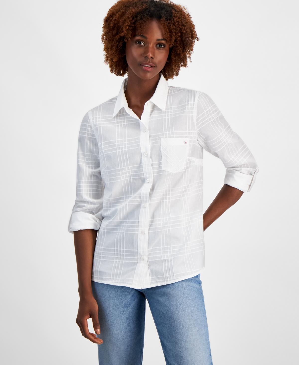 Women's Cotton Tonal-Plaid Roll-Tab Shirt Product Image