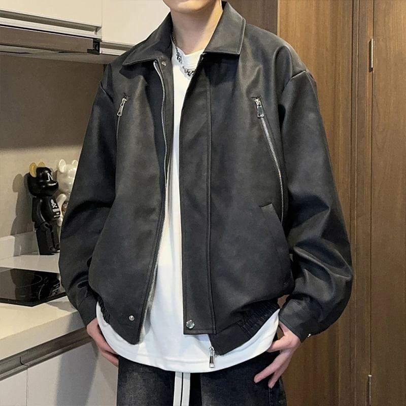 Collared Plain Zip-Up Faux Leather Jacket Product Image