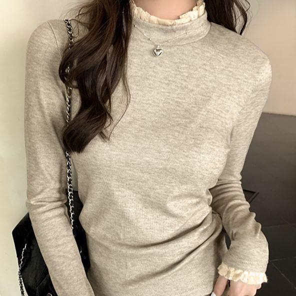 Long-Sleeve Mock Neck Plain Lace Trim T-Shirt Product Image