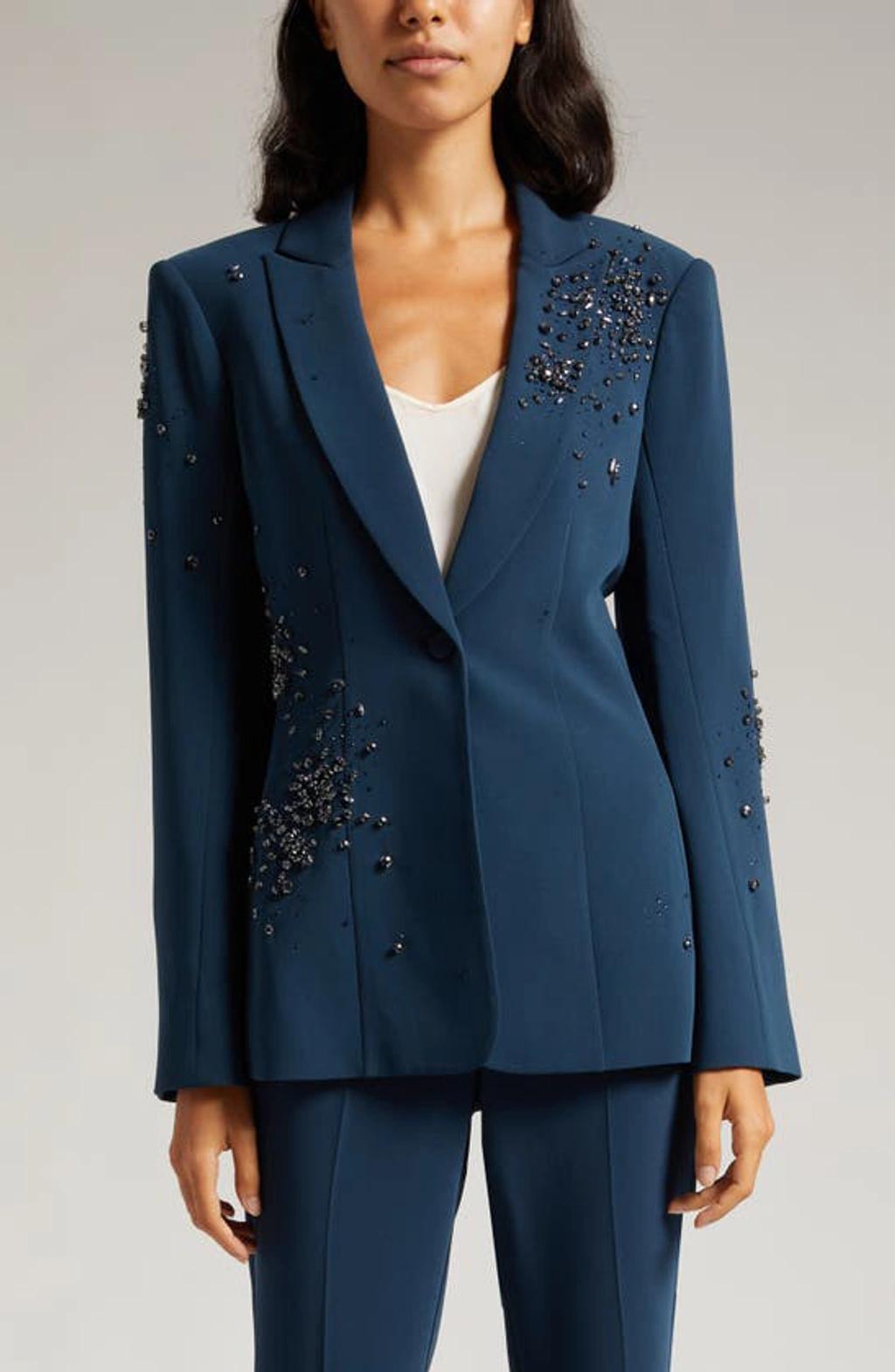 Rhinestone Crackle Embellished Cheyenne Blazer In Peacock Blue Product Image