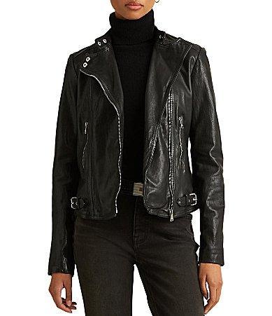 LAUREN Ralph Lauren Burnished Leather Moto Jacket (Polo Black) Women's Coat Product Image