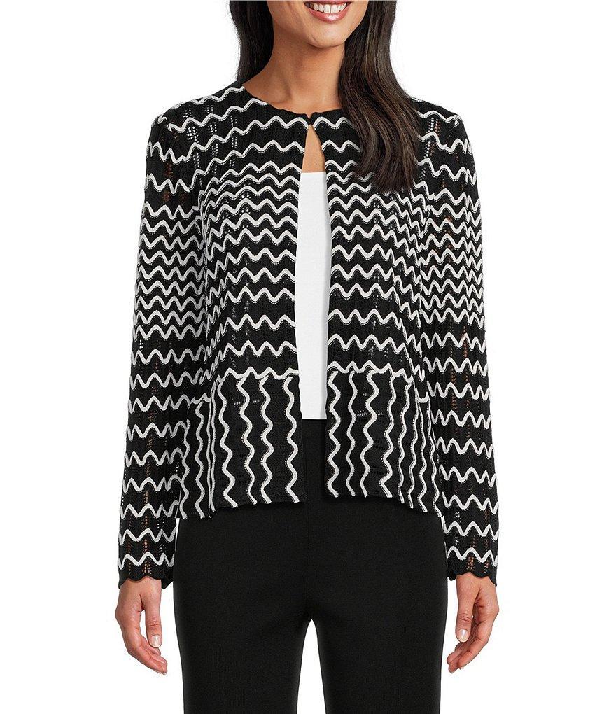 Ming Wang Knit Zig Zag Pattern Round Neck Long Sleeve Hook Front Jacket Product Image