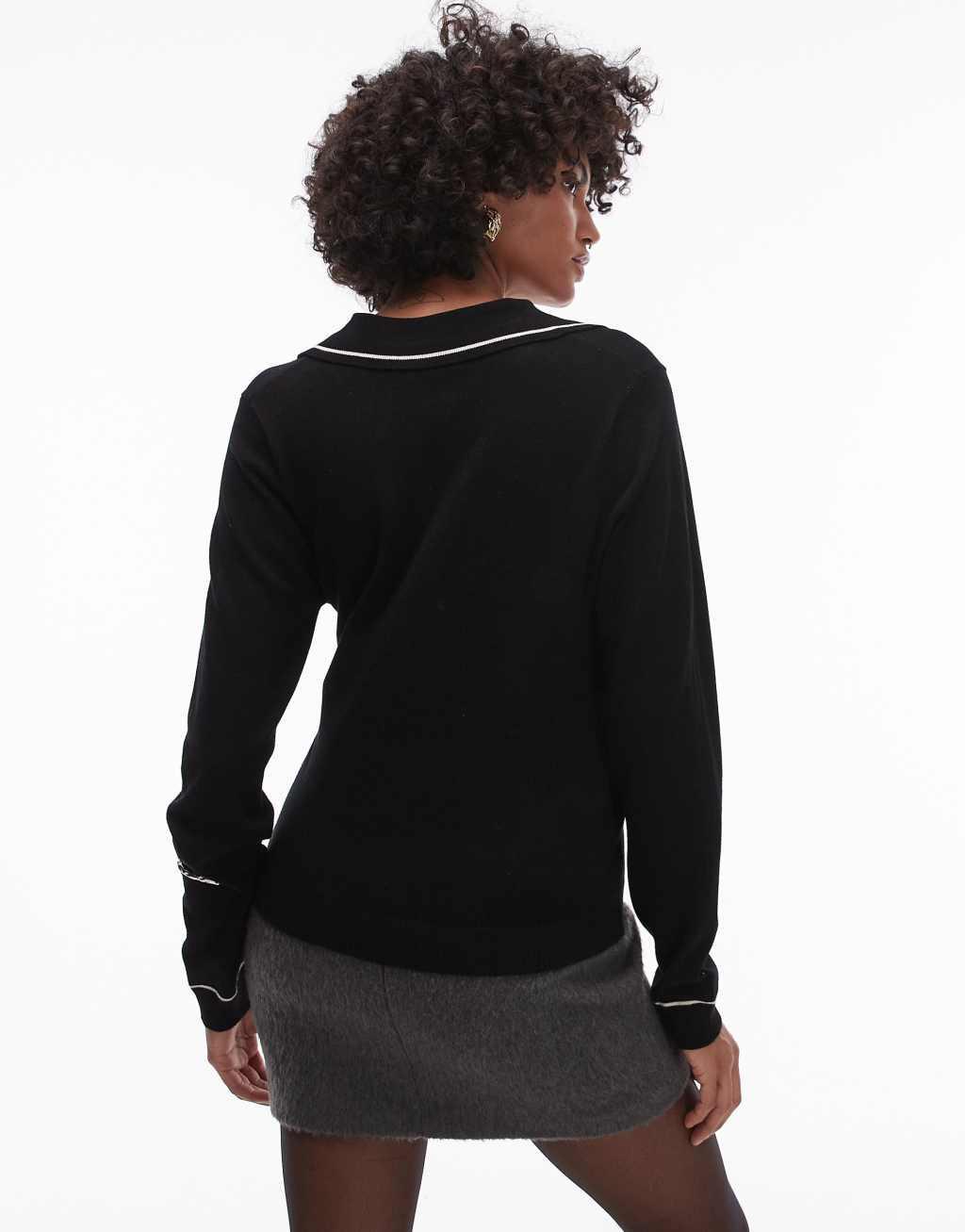 Mango deep v-neck polo top with contrast detail in black Product Image