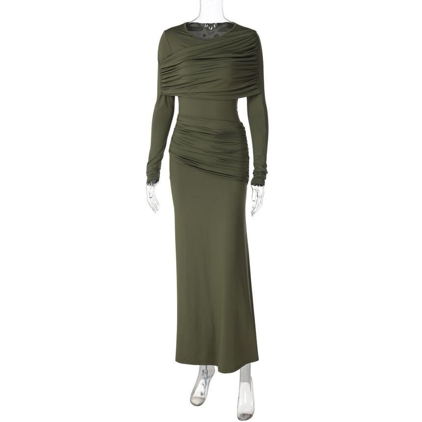 Long-Sleeve Crew Neck Plain Ruched Maxi A-Line Dress Product Image