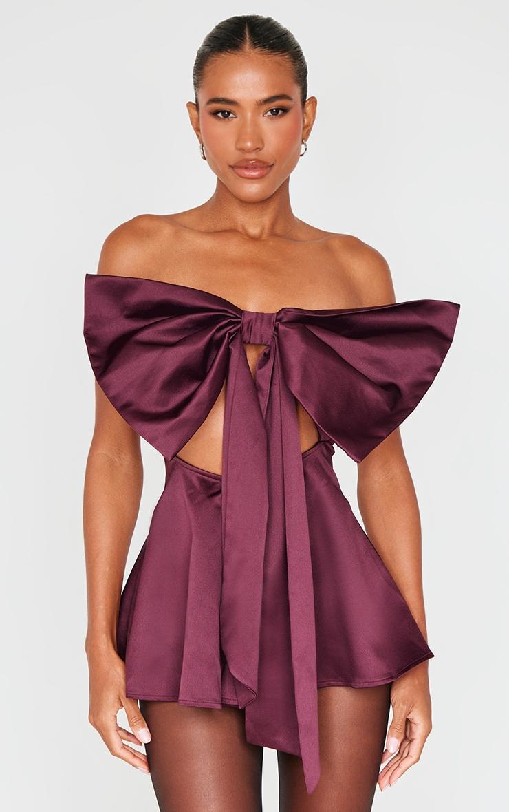 Burgundy Satin Oversized Bow Bandeau Romper product image