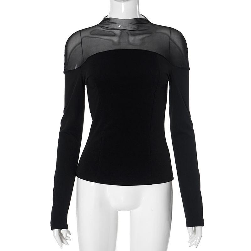 Long-Sleeve Mock Neck Plain Mesh Panel T-Shirt Product Image