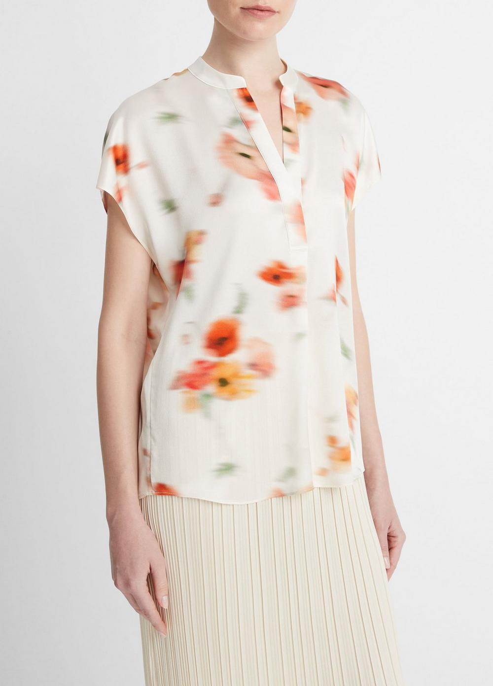 Poppy Blur Silk Band-Collar Blouse Product Image