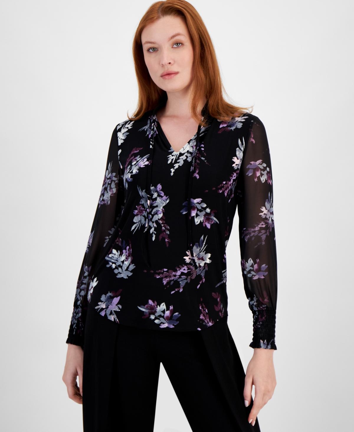 Anne Klein Womens Floral-Print Tie-Neck Blouse Product Image