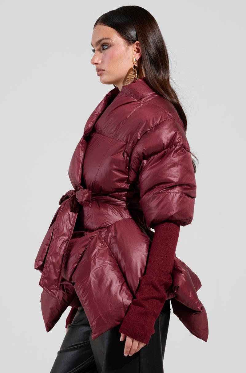 RIB SLEEVE PEPLUM PUFFER IN BURGUNDY Product Image