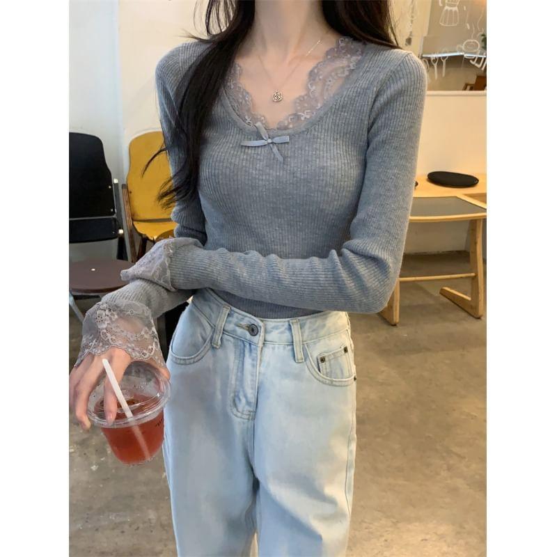 Long-Sleeve V-Neck Plain Lace Panel Bow Accent Slim Fit Knit Top Product Image