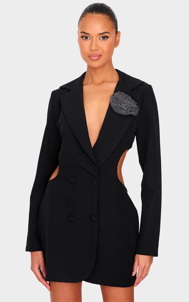 Black Woven Diamante Rose Cut Out Blazer Dress