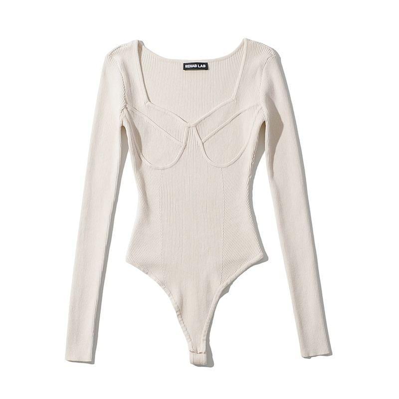 Long-Sleeve Sweetheart Neckline Plain  Ribbed Bodysuit Top Product Image