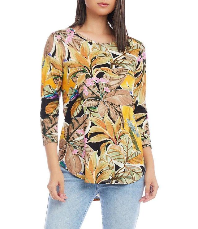 Karen Kane Tropical Floral Print Knit Scoop Neck 3/4 Sleeve Shirttail Hem Top Product Image