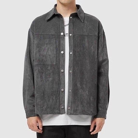 Plain Button-Up Faux Suede Shirt Jacket Product Image