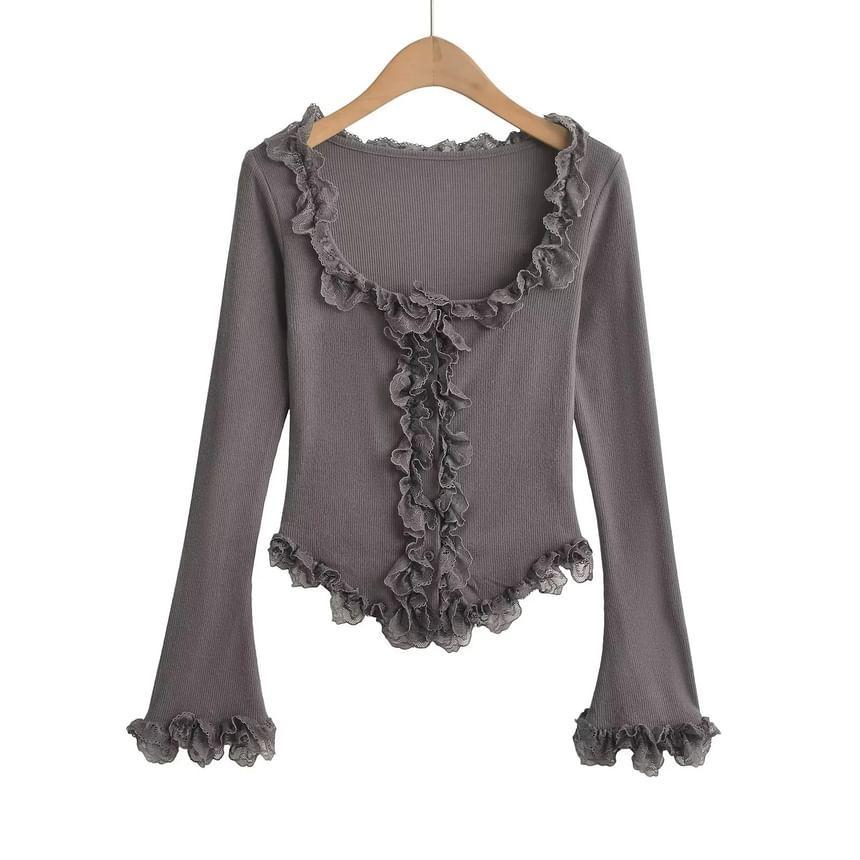 Long-Sleeve Scoop Neck Frill Trim Plain Top Product Image