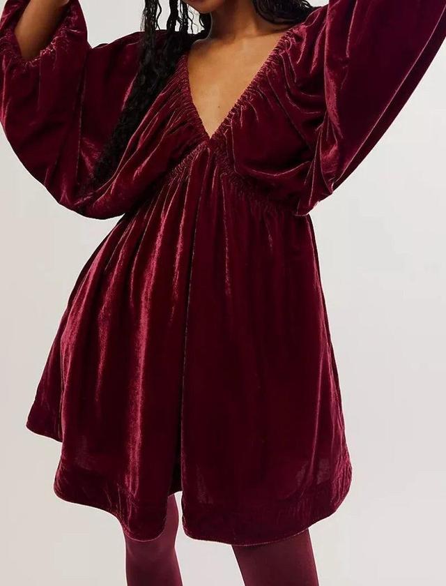 Plush Wine Velvet Babydoll Dress Product Image