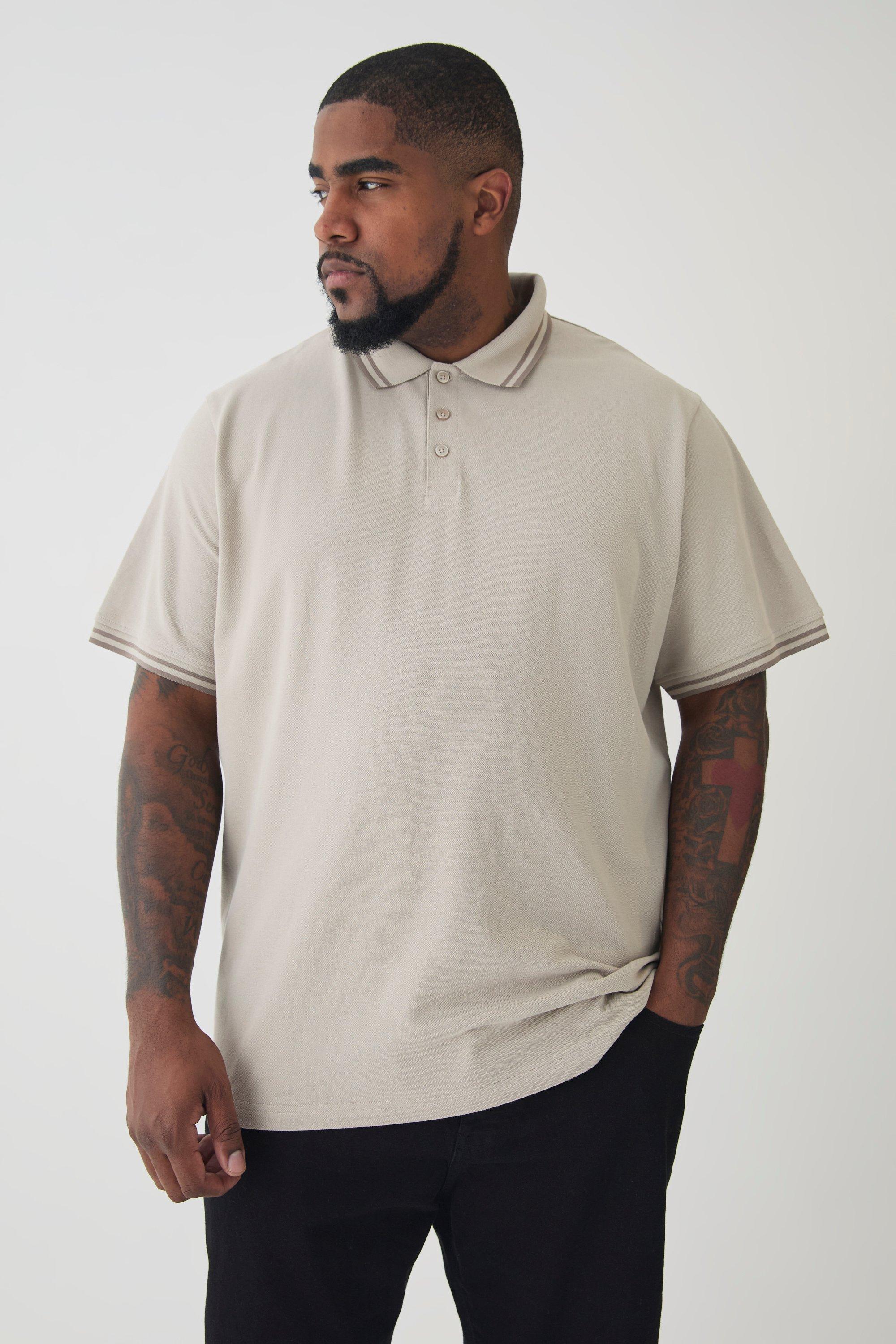 Plus Slim Tipped Pique Polo In Stone | boohooMAN USA Product Image