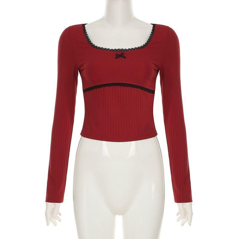 Long-Sleeve Scoop Neck Two Tone Crop Knit Top Product Image