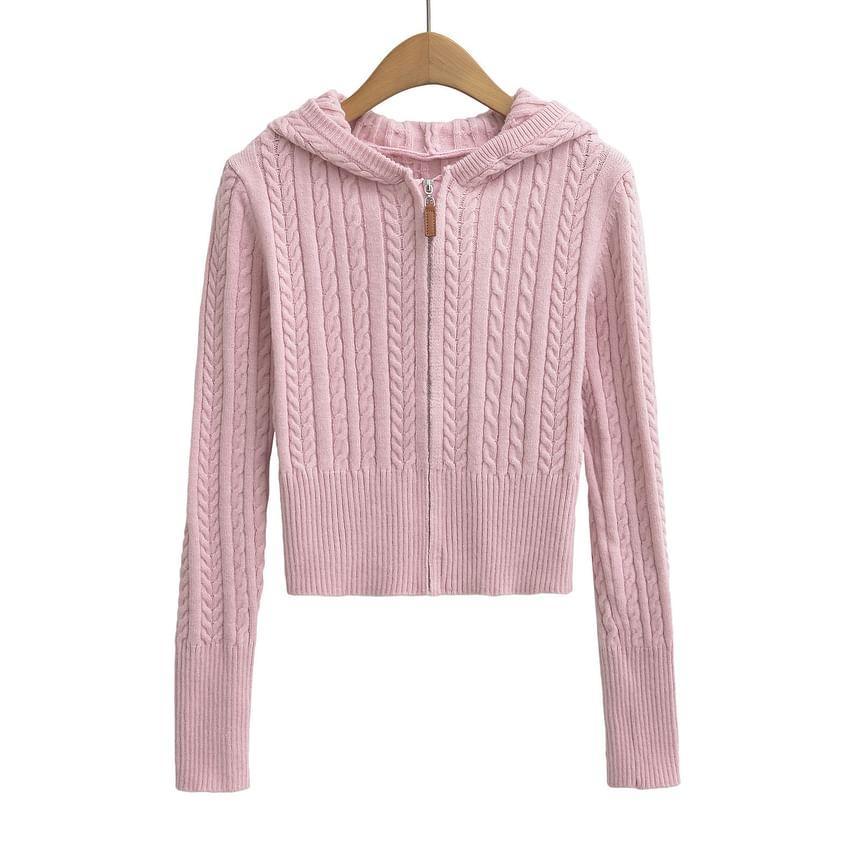 Hooded Plain Cable Knit Zip Crop Cardigan product image