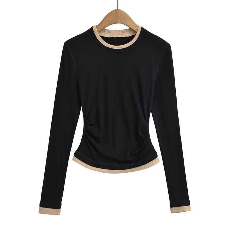 Long-Sleeve Crew Neck Plain Contrast Trim Ruched Tee Product Image