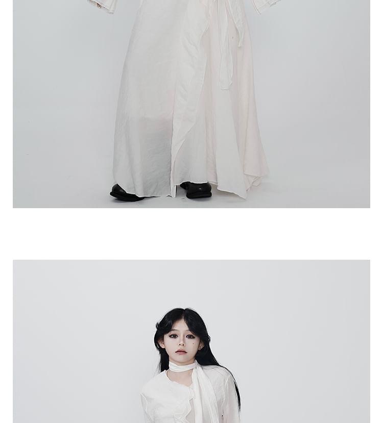 Set: Long-Sleeve Plain Asymmetrical Blouse + Elastic Waist Maxi A-Line Skirt Product Image