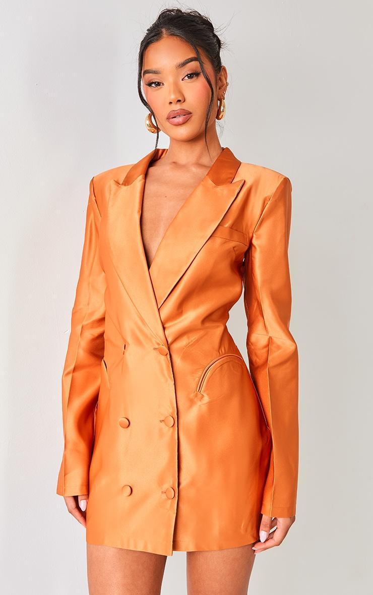 Rust Double Breasted Satin Tailored Blazer Dress Product Image