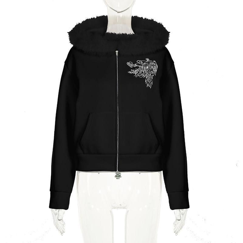 Patterned Print Fluffy Trim Zip Hoodie Product Image