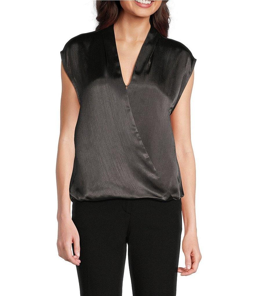 Calvin Klein Novelty Shine Cap Sleeve Faux Wrap Blouse Product Image