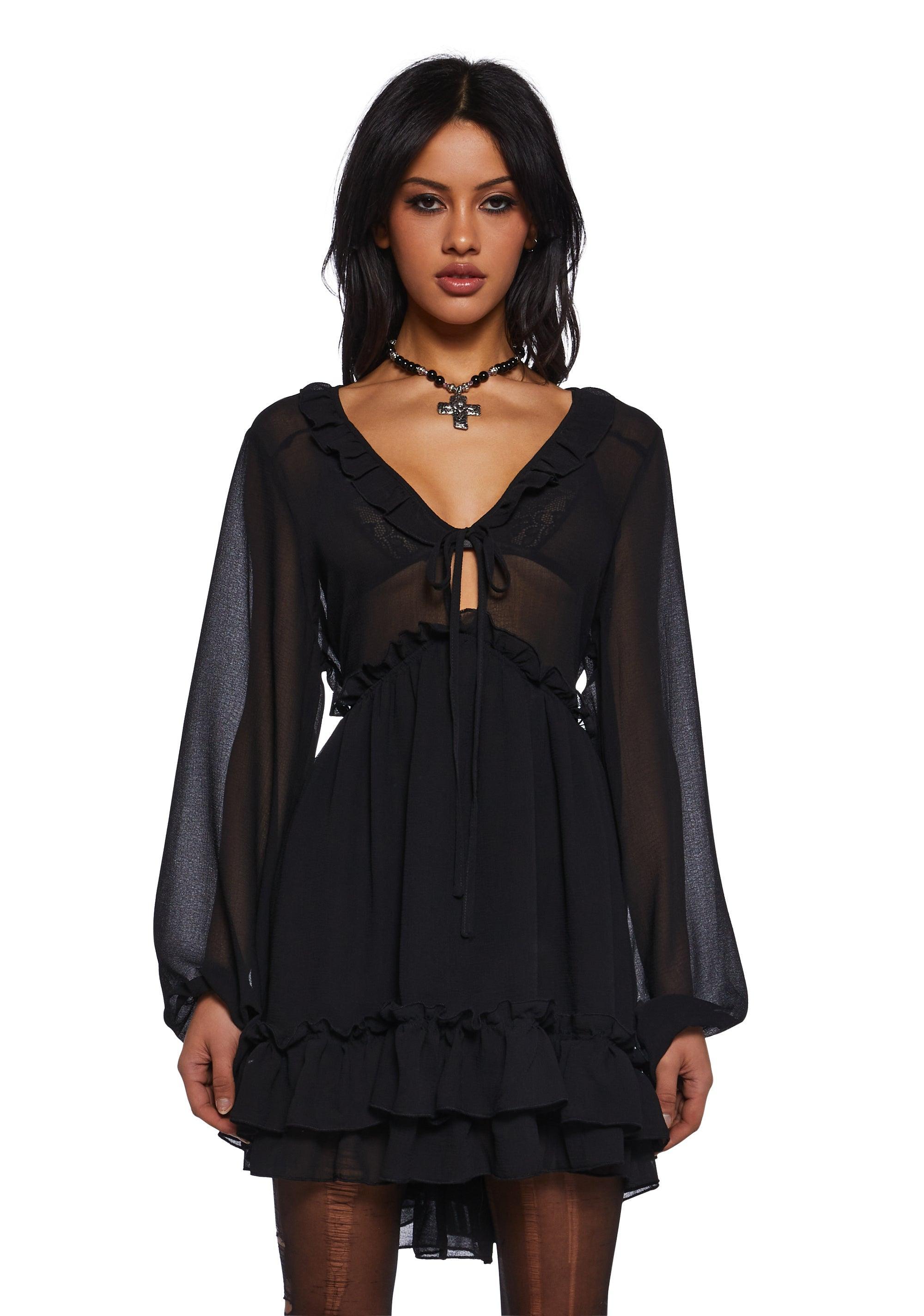 Current Mood Sheer Chiffon Ruffled Babydoll Dress - Black Product Image