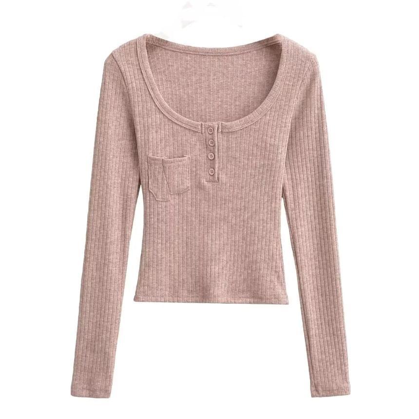 Long Sleeve Scoop Neck Henley Plain Ribbed Cropped Top Product Image