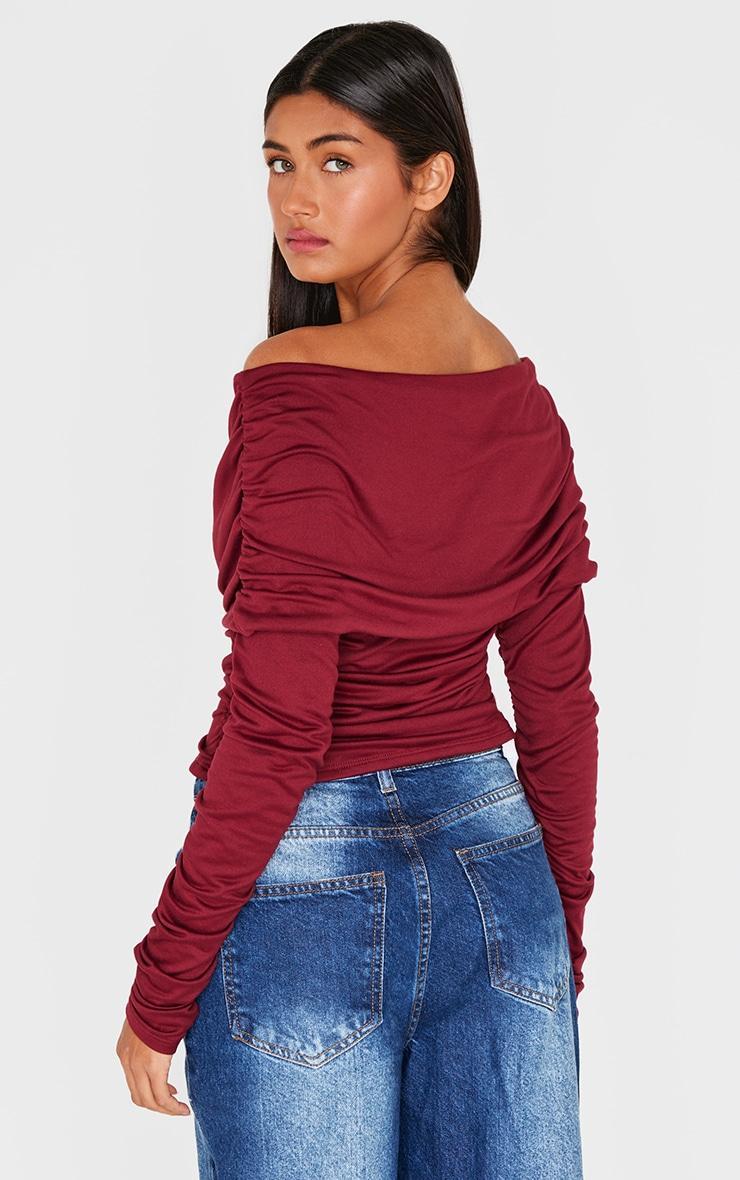 Burgundy Contour Jersey Extreme Fold Over Ruched Detail Long Sleeve Top Product Image