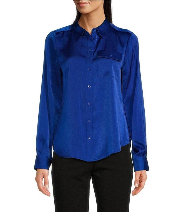 DKNY Faux Suede Long Sleeve Point Collar Button Front Shirt Product Image