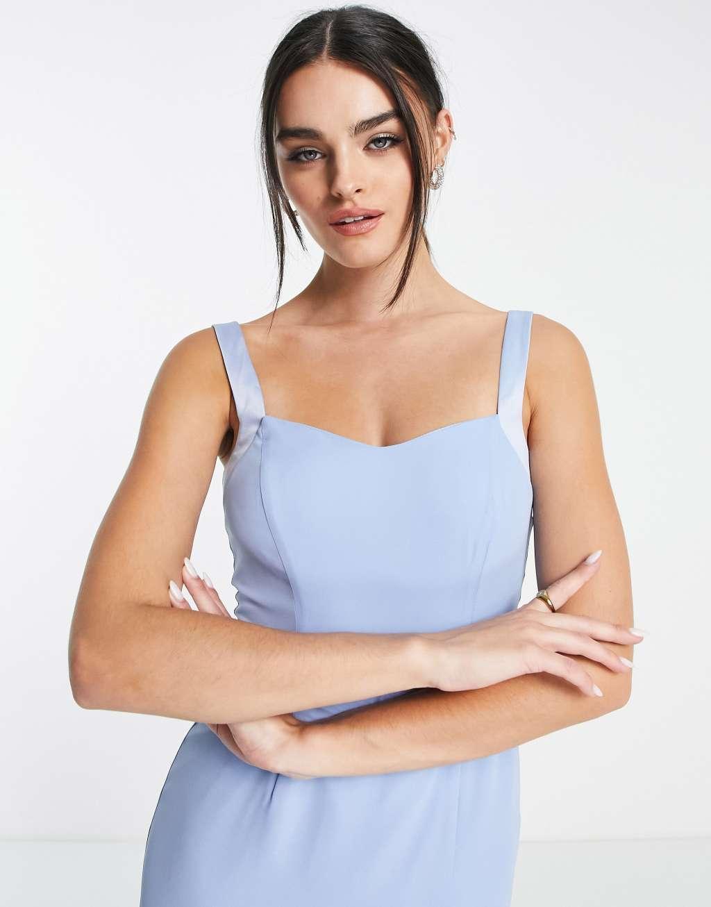 ASOS DESIGN Bridesmaid maxi dress with satin curved neckline and split detail in powder blue Product Image