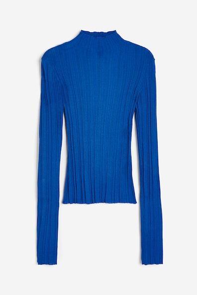 H & M - Sheer Rib-knit Mock Turtleneck Top - Blue Product Image