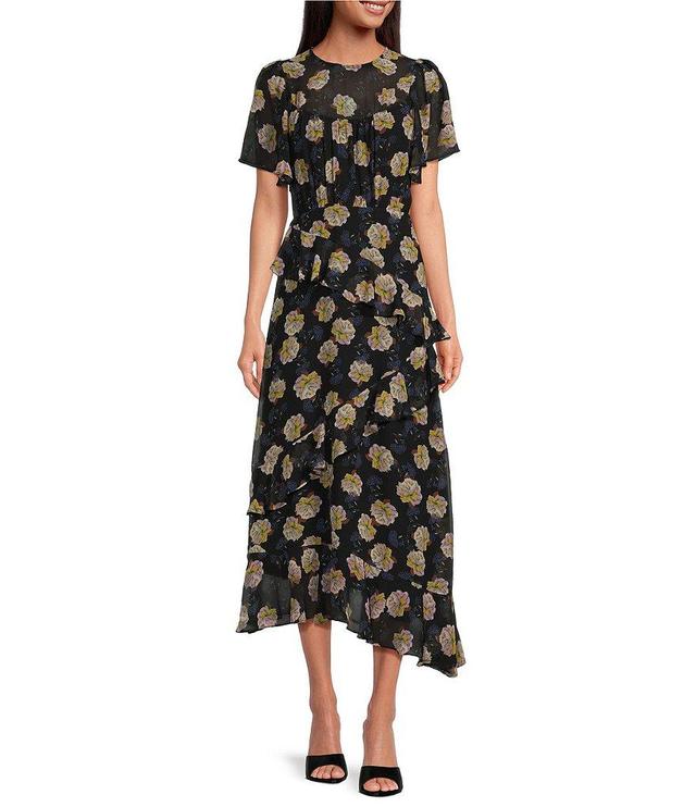 ASTR The Label Floramae Floral Print Crew Neck Short Sleeve Ruffle Midi Dress Product Image