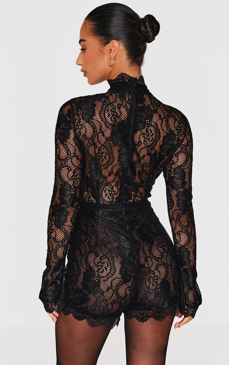 Petite Black Lace Long Sleeve Fitted Romper Product Image